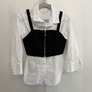 Z ara White Button-Down Shirt with Black Bustier Overlay